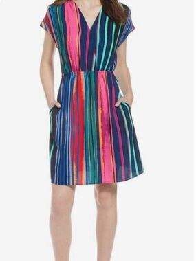 Halogen Multicolored V Neck Elastic Waist Striped Dress with Pockets XS Petite